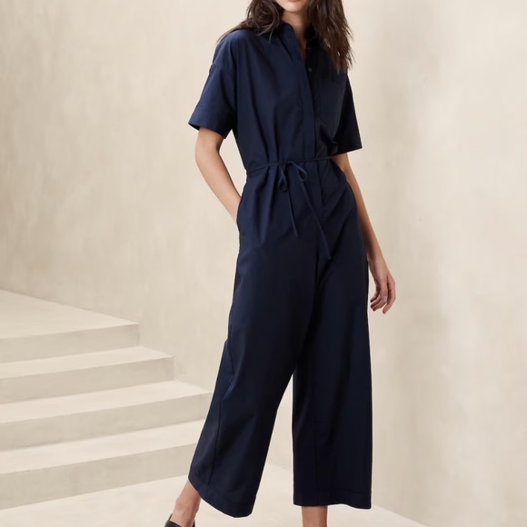 Banana Republic Factory Navy Blue Tie Waist Utility Jumpsuit Size 16 - Picture 1 of 15